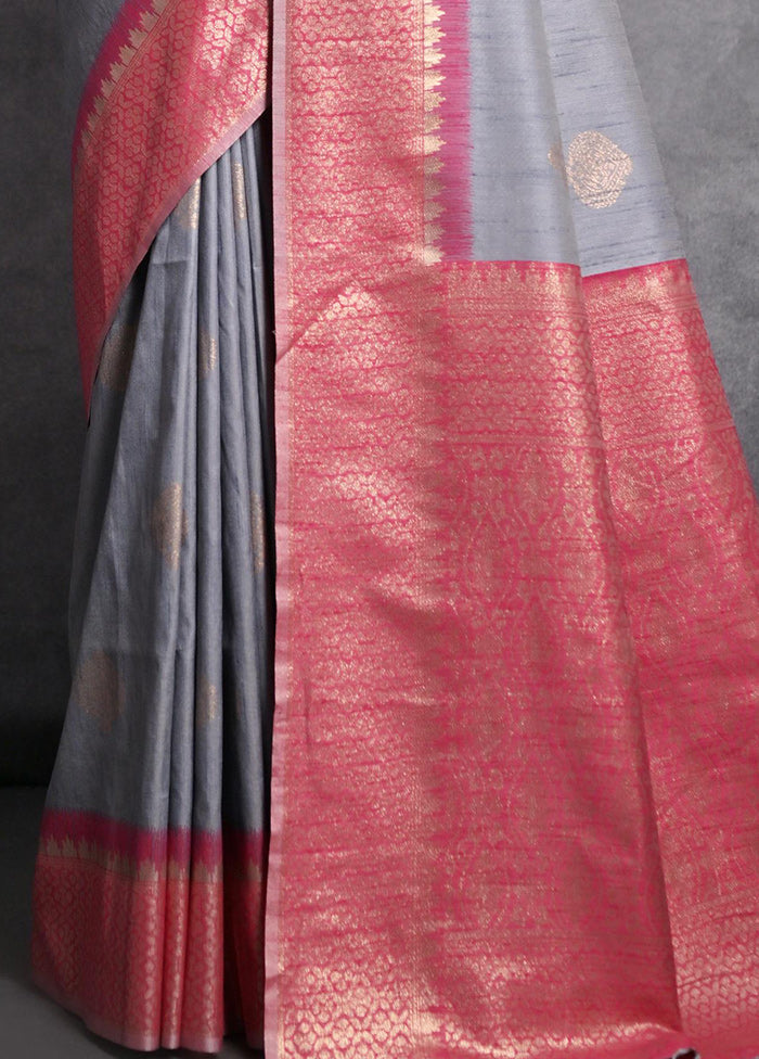 Grey Dupion Silk Saree With Blouse Piece