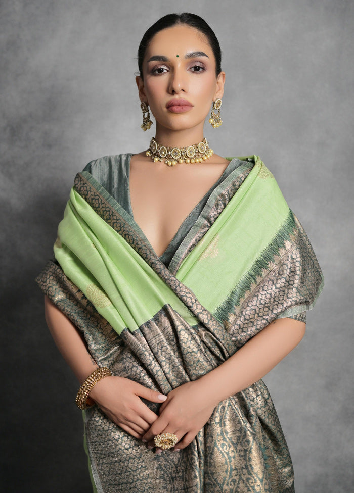 Pista Green Dupion Silk Saree With Blouse Piece