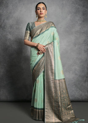 Sea Green Dupion Silk Saree With Blouse Piece