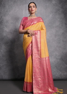 Yellow Dupion Silk Saree With Blouse Piece