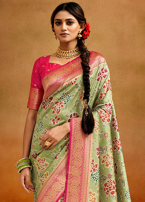 Pista Green Dupion Silk Saree With Blouse Piece