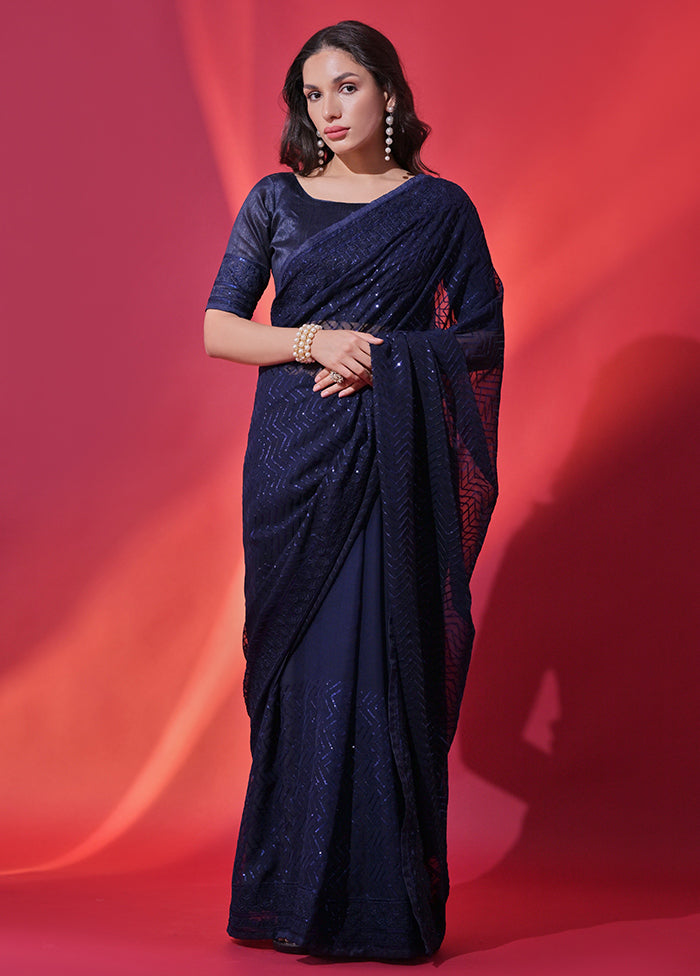 Blue Georgette Saree With Blouse Piece - Indian Silk House Agencies