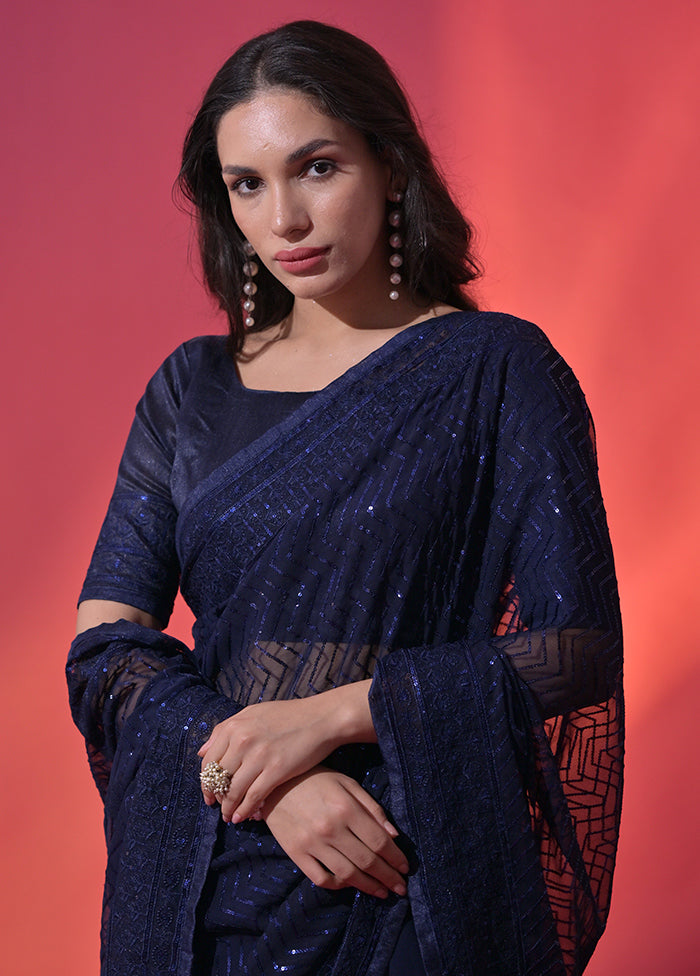 Blue Georgette Saree With Blouse Piece - Indian Silk House Agencies