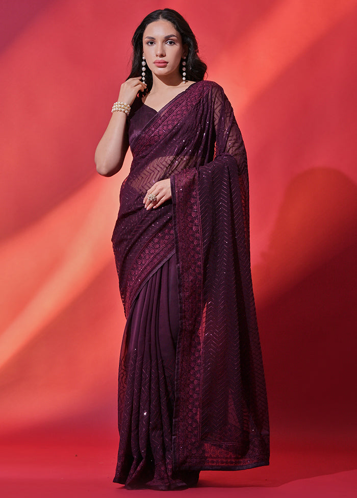 Wine Georgette Saree With Blouse Piece - Indian Silk House Agencies