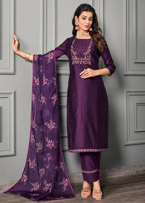 3 Pc Purple Readymade Silk Suit Set - Indian Silk House Agencies