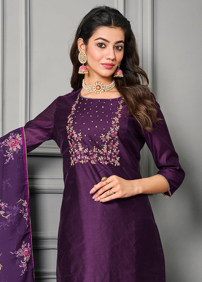 3 Pc Purple Readymade Silk Suit Set