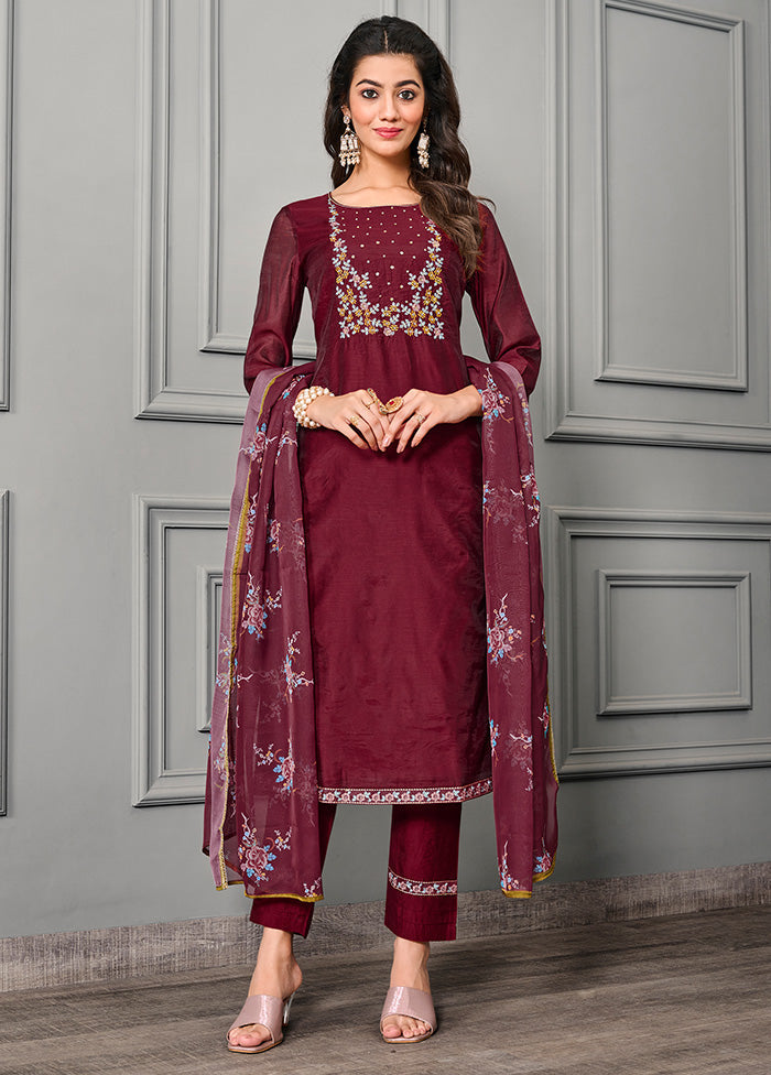 3 Pc Maroon Readymade Silk Suit Set