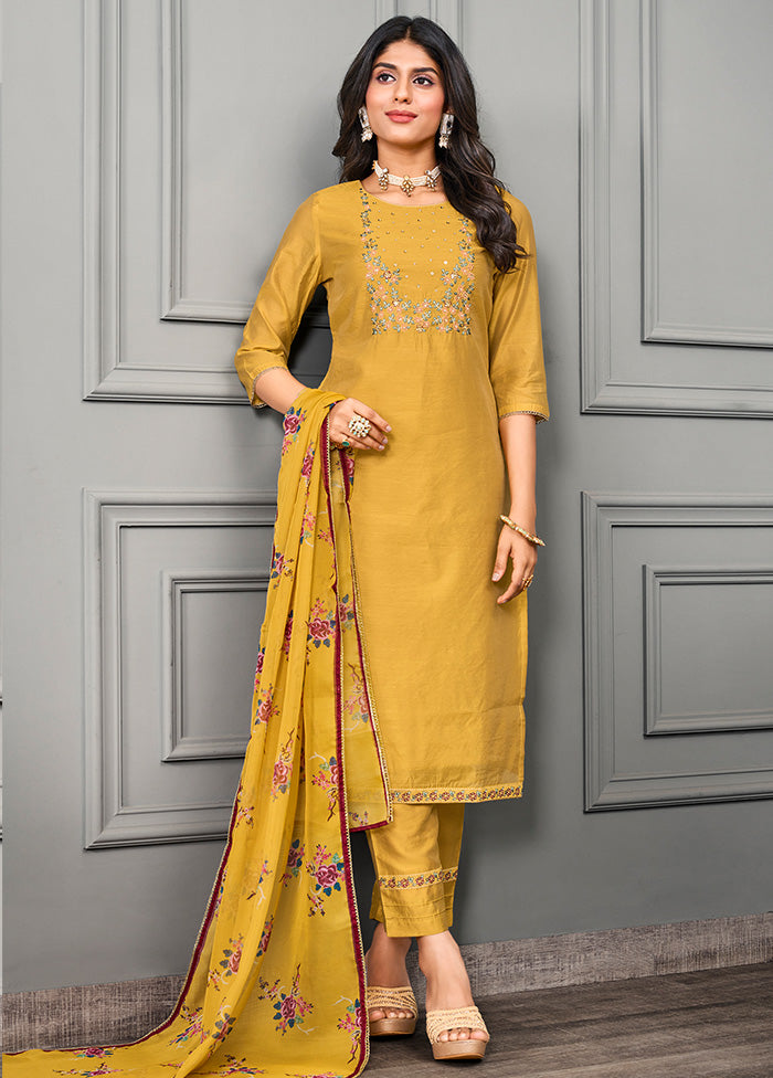 3 Pc Yellow Readymade Silk Suit Set