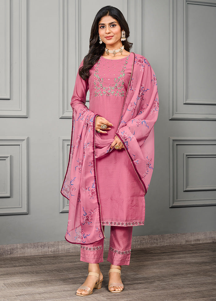 3 Pc Pink Readymade Silk Suit Set