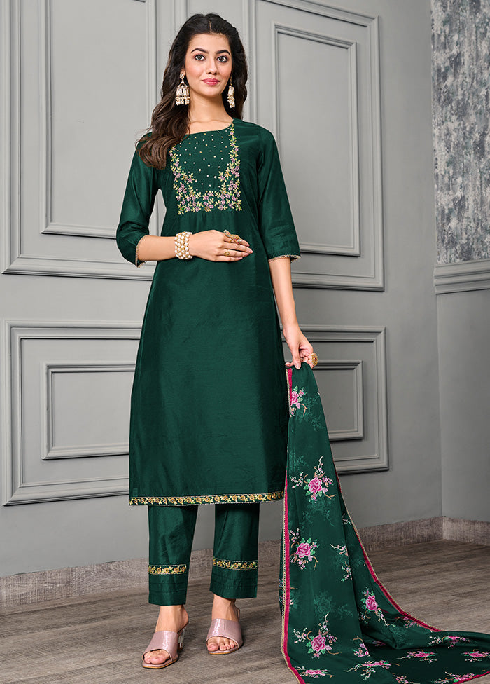 3 Pc Green Readymade Silk Suit Set - Indian Silk House Agencies