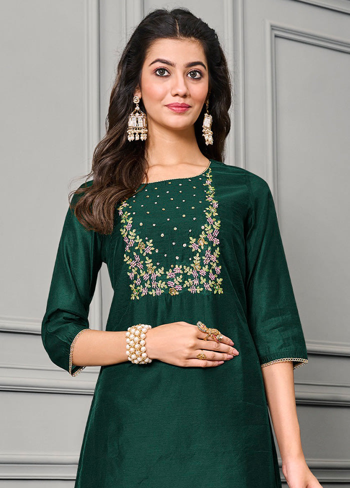 3 Pc Green Readymade Silk Suit Set - Indian Silk House Agencies