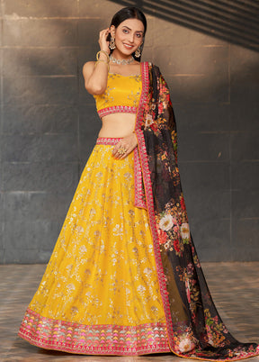 3 Pc Yellow Georgette Semi Stitched Lehenga Set