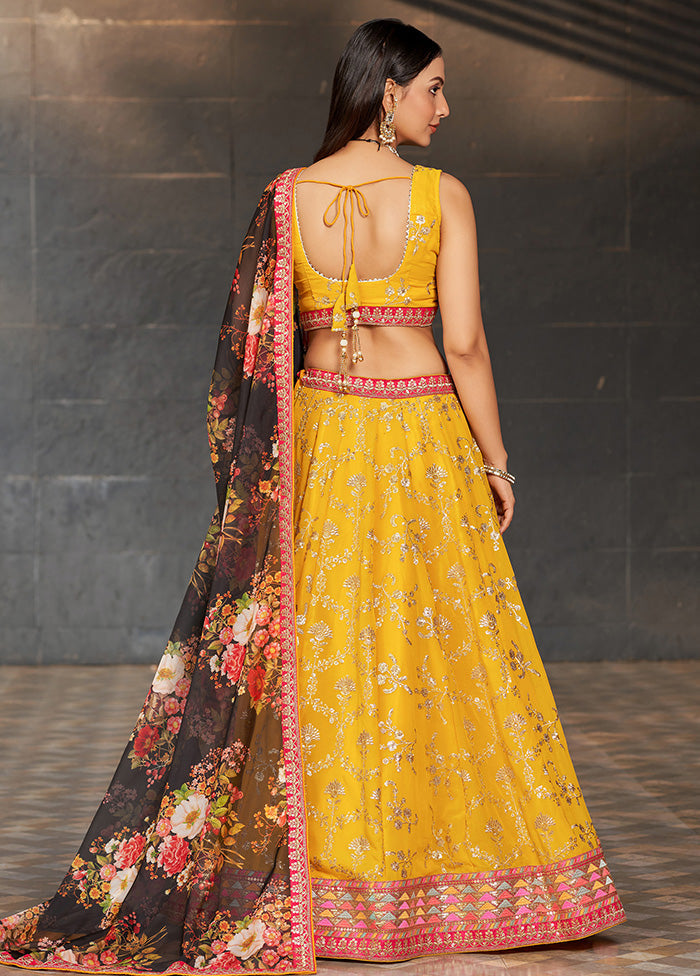 3 Pc Yellow Georgette Semi Stitched Lehenga Set