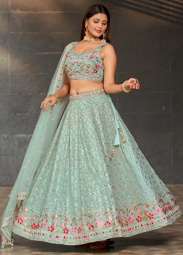 3 Pc Sky Blue Georgette Semi Stitched Lehenga Set - Indian Silk House Agencies