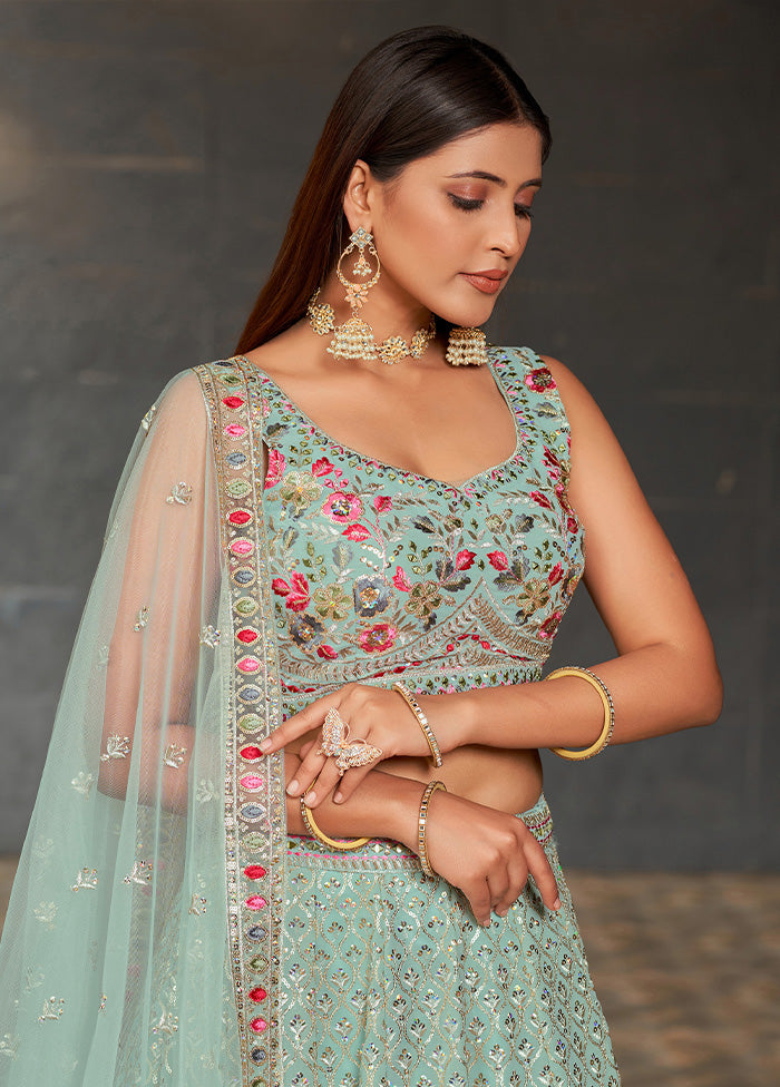 3 Pc Sky Blue Georgette Semi Stitched Lehenga Set