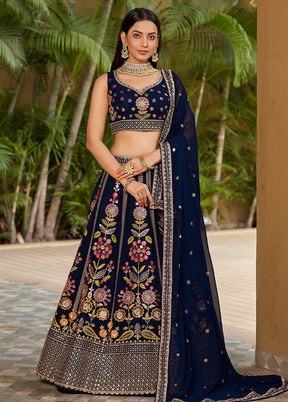 3 Pc Navy Blue Georgette Semi Stitched Lehenga Set