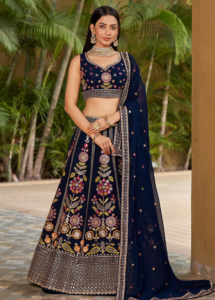 3 Pc Navy Blue Georgette Semi Stitched Lehenga Set - Indian Silk House Agencies