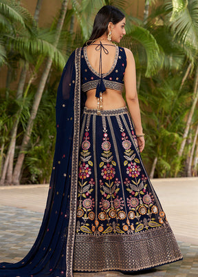 3 Pc Navy Blue Georgette Semi Stitched Lehenga Set