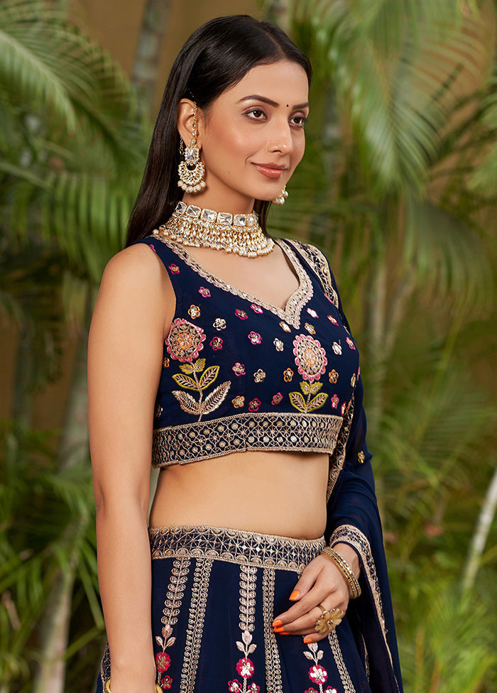 3 Pc Navy Blue Georgette Semi Stitched Lehenga Set - Indian Silk House Agencies