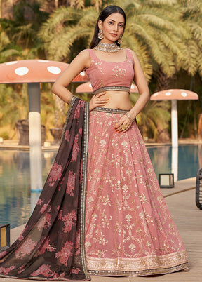 3 Pc Pink Georgette Semi Stitched Lehenga Set - Indian Silk House Agencies