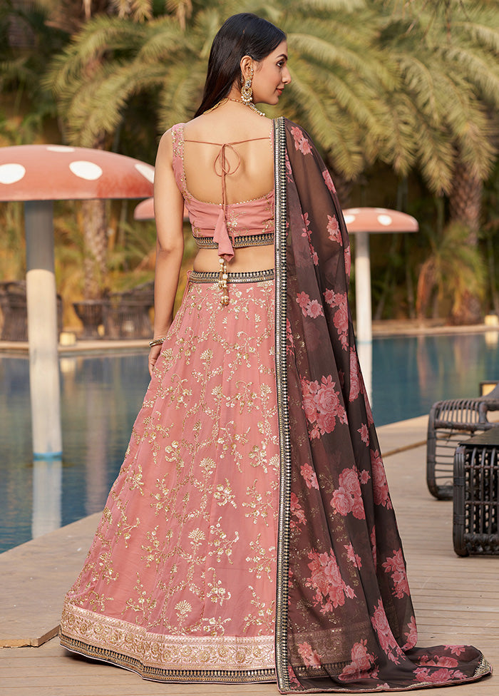 3 Pc Pink Georgette Semi Stitched Lehenga Set - Indian Silk House Agencies