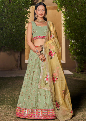 3 Pc Pista Green Georgette Semi Stitched Lehenga Set