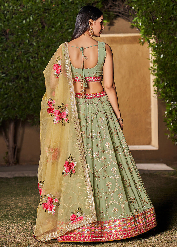 3 Pc Pista Green Georgette Semi Stitched Lehenga Set - Indian Silk House Agencies