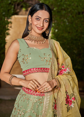 3 Pc Pista Green Georgette Semi Stitched Lehenga Set - Indian Silk House Agencies