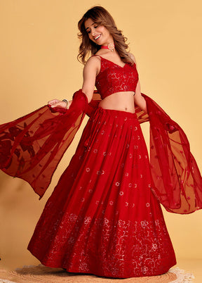 3 Pc Red Georgette Semi Stitched Lehenga Set - Indian Silk House Agencies