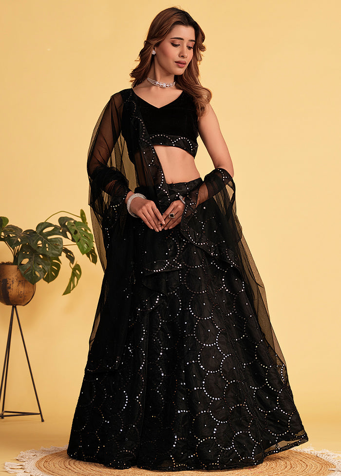 3 Pc Black Net Semi Stitched Lehenga Set - Indian Silk House Agencies