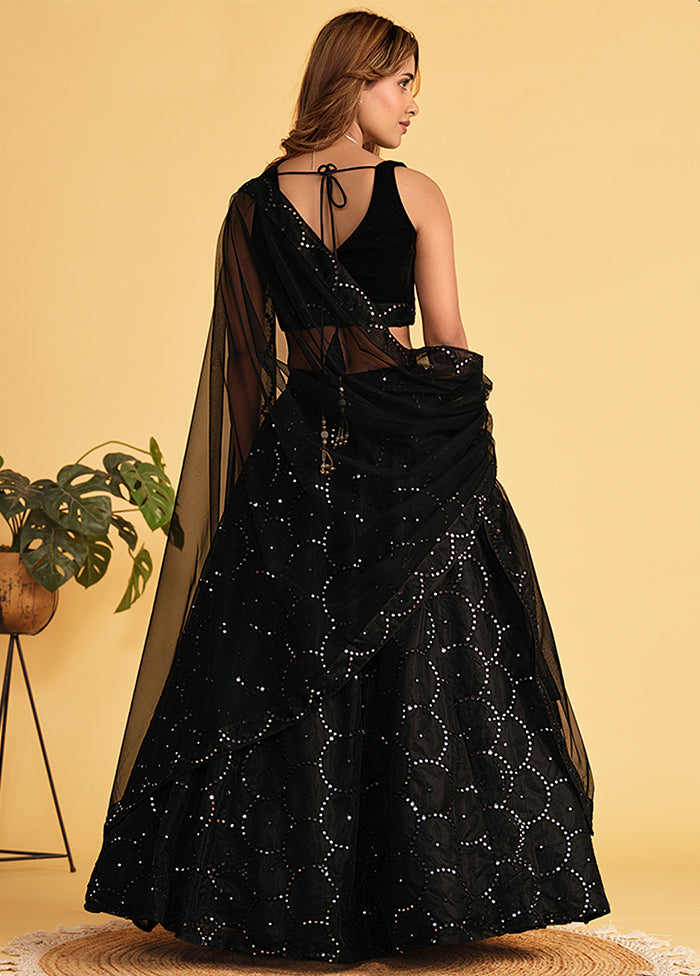 3 Pc Black Net Semi Stitched Lehenga Set - Indian Silk House Agencies