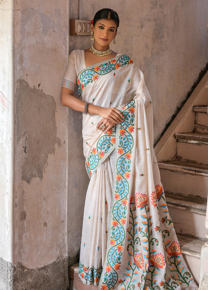 White Cotton Saree With Blouse Piece