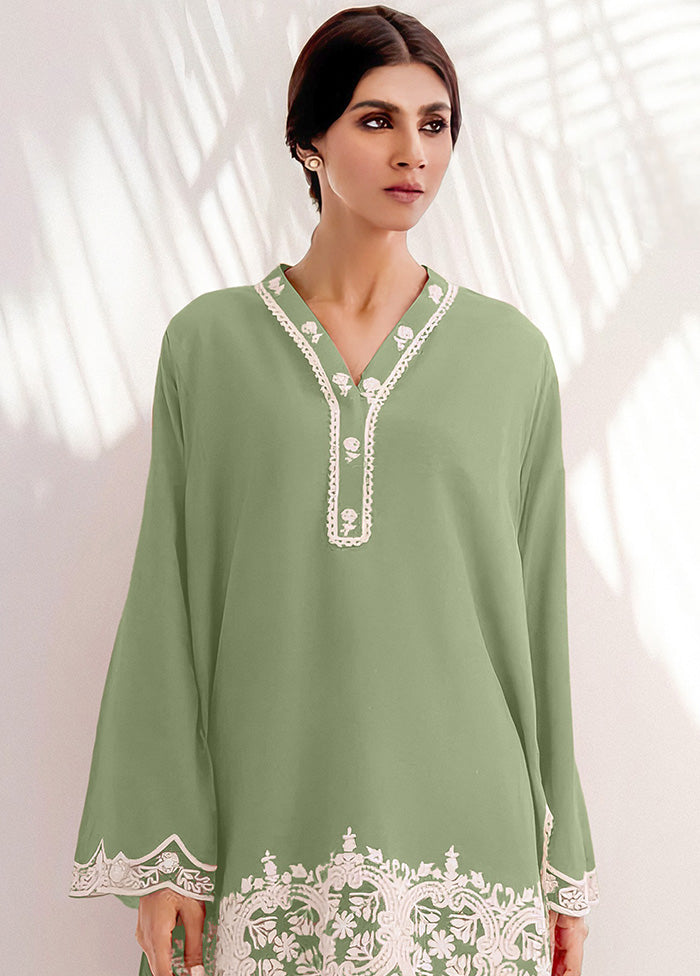 2 Pc Pista Green Readymade Chanderi Kurti Set