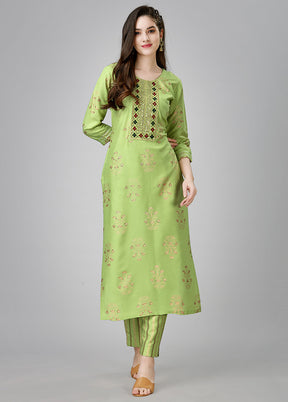 2 Pc Parrot Green Readymade Rayon Kurti Set