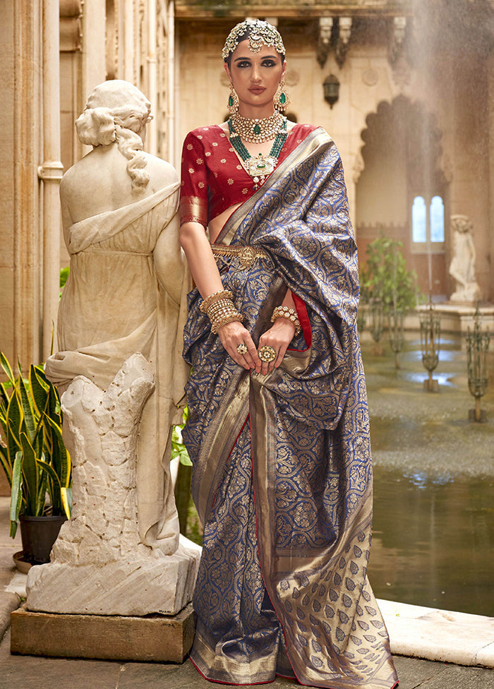 Blue Dupion Silk Saree With Blouse Piece