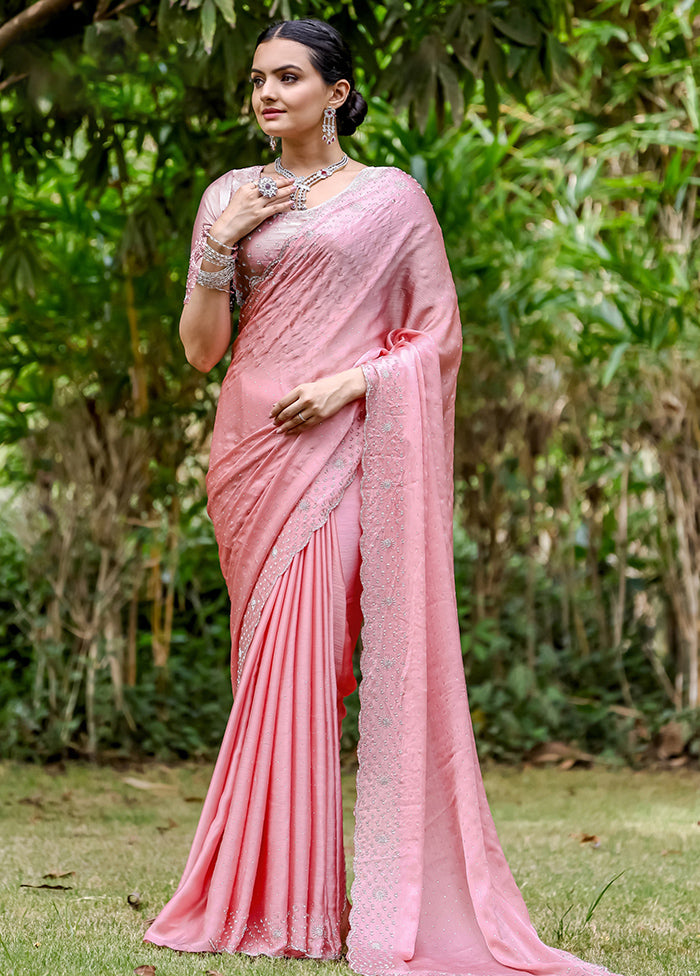 Pink Satin Silk Saree With Blouse Piece