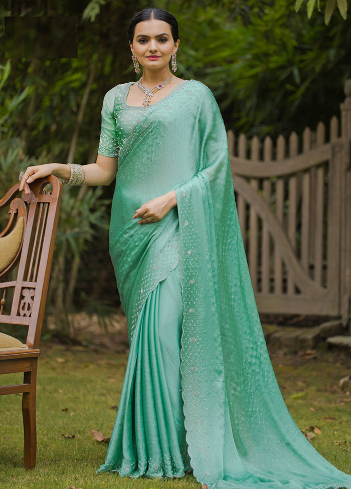 Green Satin Silk Saree With Blouse Piece