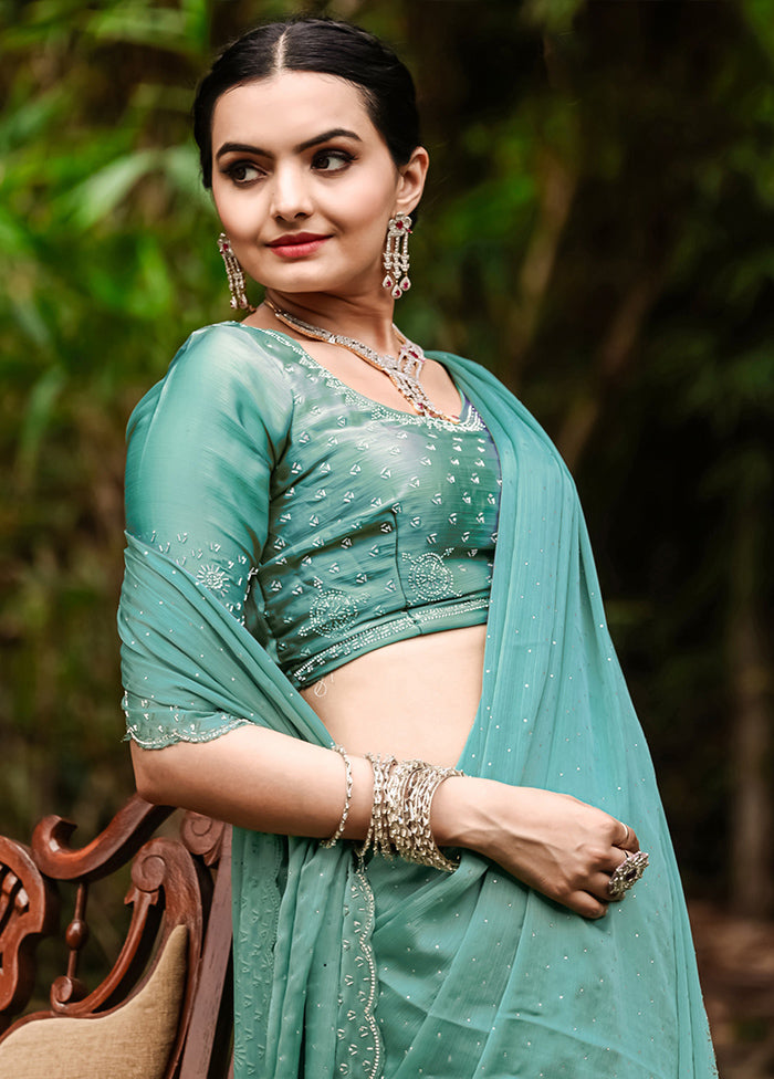 Green Satin Silk Saree With Blouse Piece