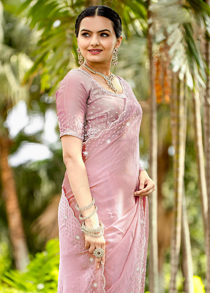 Pink Satin Silk Saree With Blouse Piece