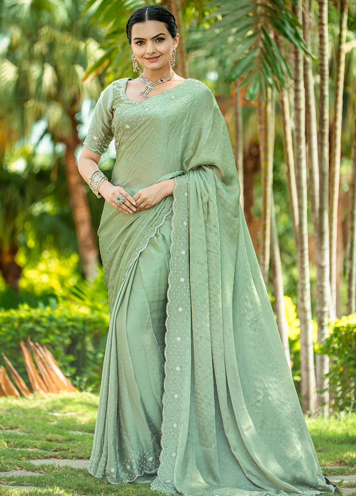 Green Satin Silk Saree With Blouse Piece