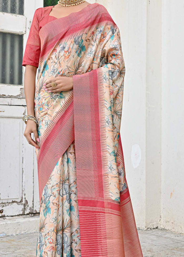 Pink Tussar Silk Saree With Blouse Piece