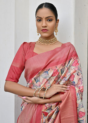 Pink Tussar Silk Saree With Blouse Piece