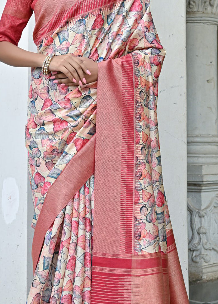 Pink Tussar Silk Saree With Blouse Piece