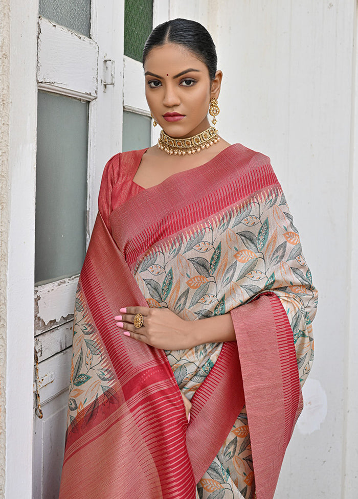 Pink Tussar Silk Saree With Blouse Piece