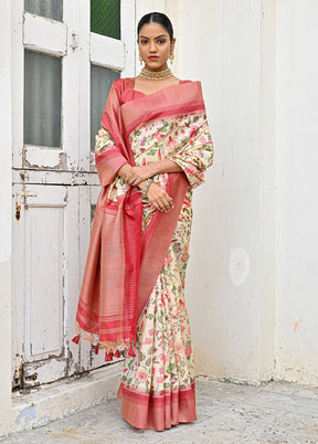 Pink Tussar Silk Saree With Blouse Piece