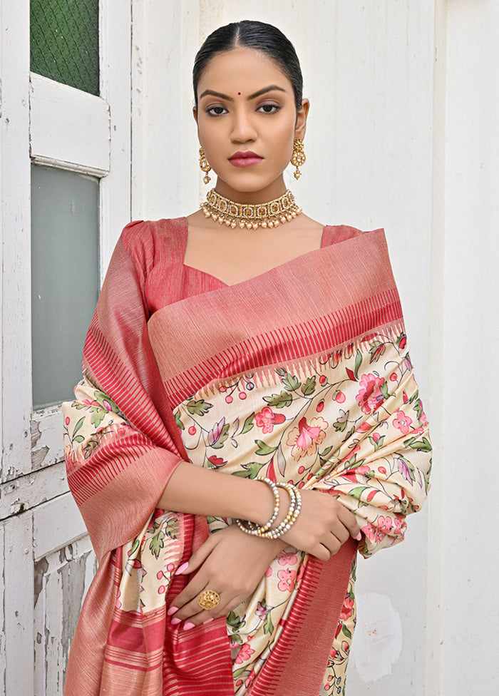 Pink Tussar Silk Saree With Blouse Piece