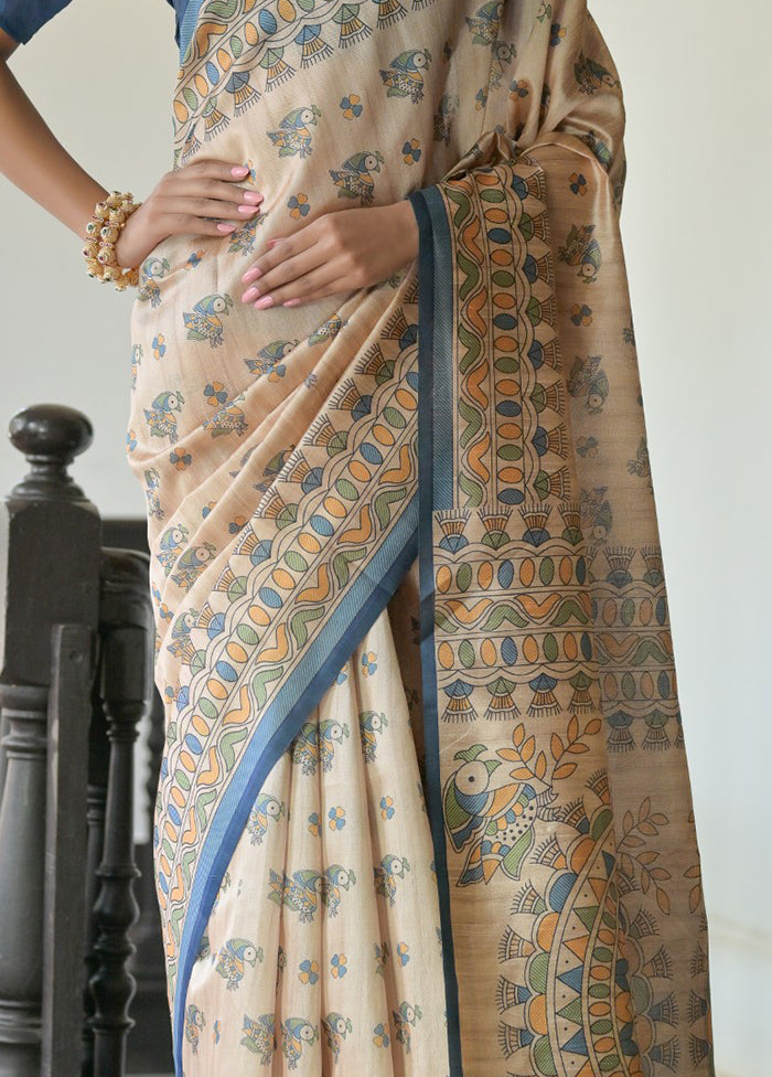 Cream Tussar Silk Saree With Blouse Piece