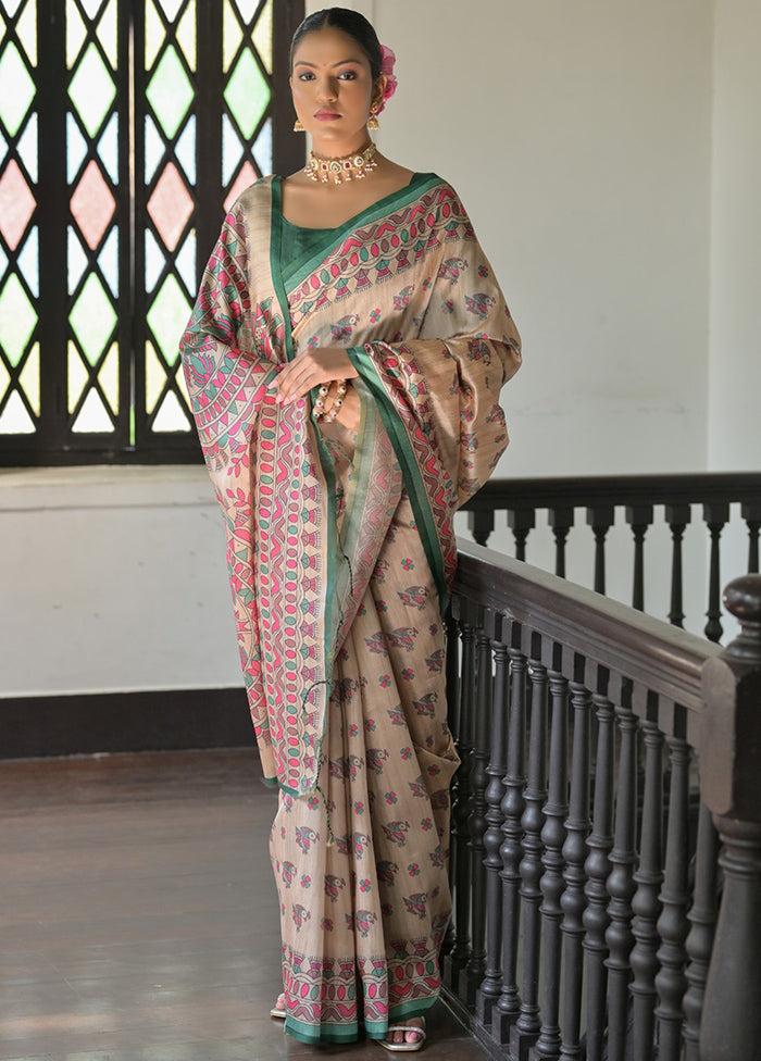 Cream Tussar Silk Saree With Blouse Piece