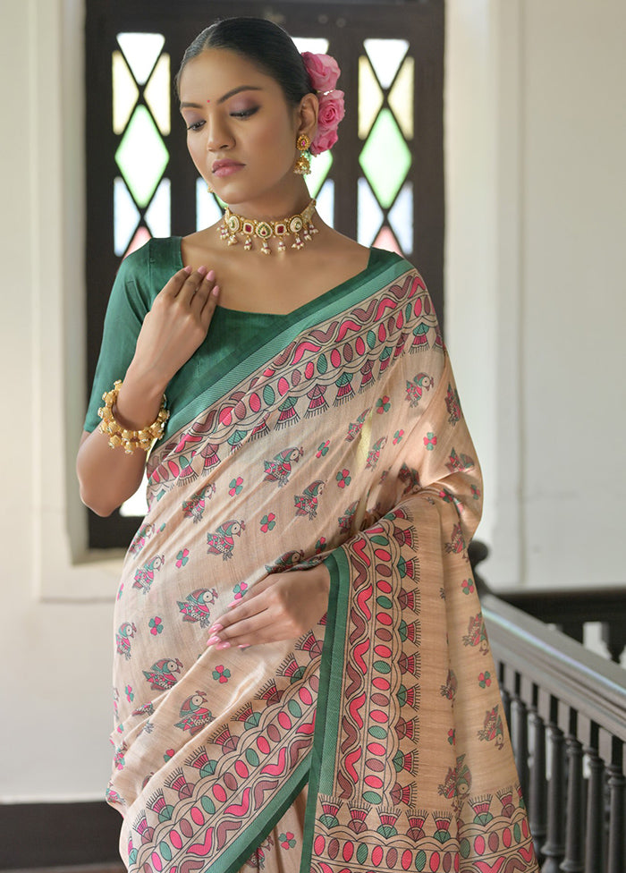 Cream Tussar Silk Saree With Blouse Piece