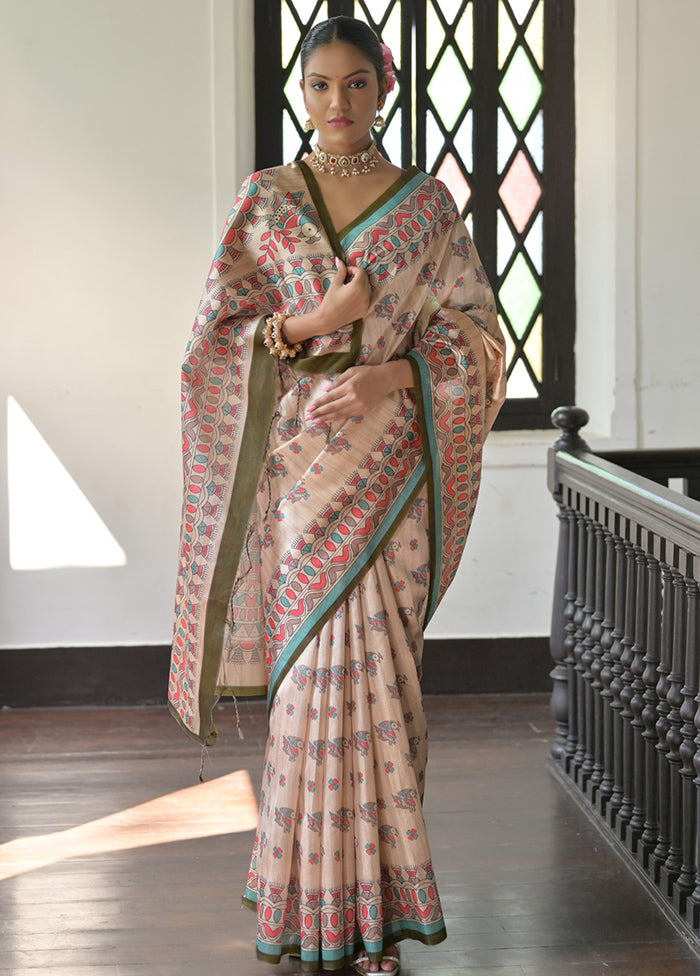 Cream Tussar Silk Saree With Blouse Piece